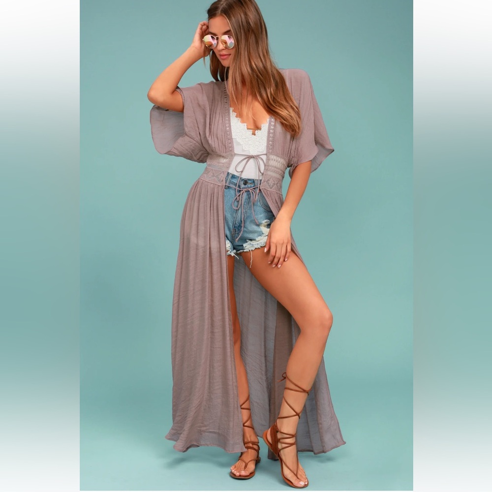 Lulu's Carried Away Mauve Embroidered Maxi Top Kimono Duster Size XS Women’s